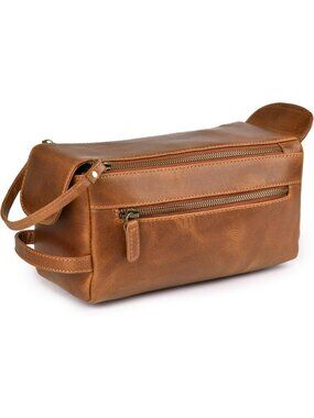 Men's Brown Genuine Leather Travel Toiletry Bag Water Resistant Dopp Kit Bag